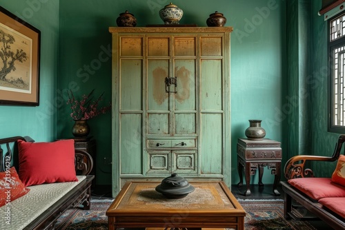 Cabinet inside Asian living room with green wall, antique old cabinet.