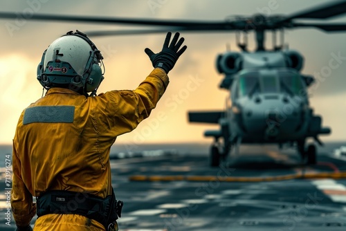 A signaller sends a signal to an anti-submarine helicopter on the flight deck of an air combat aircraft carrier.