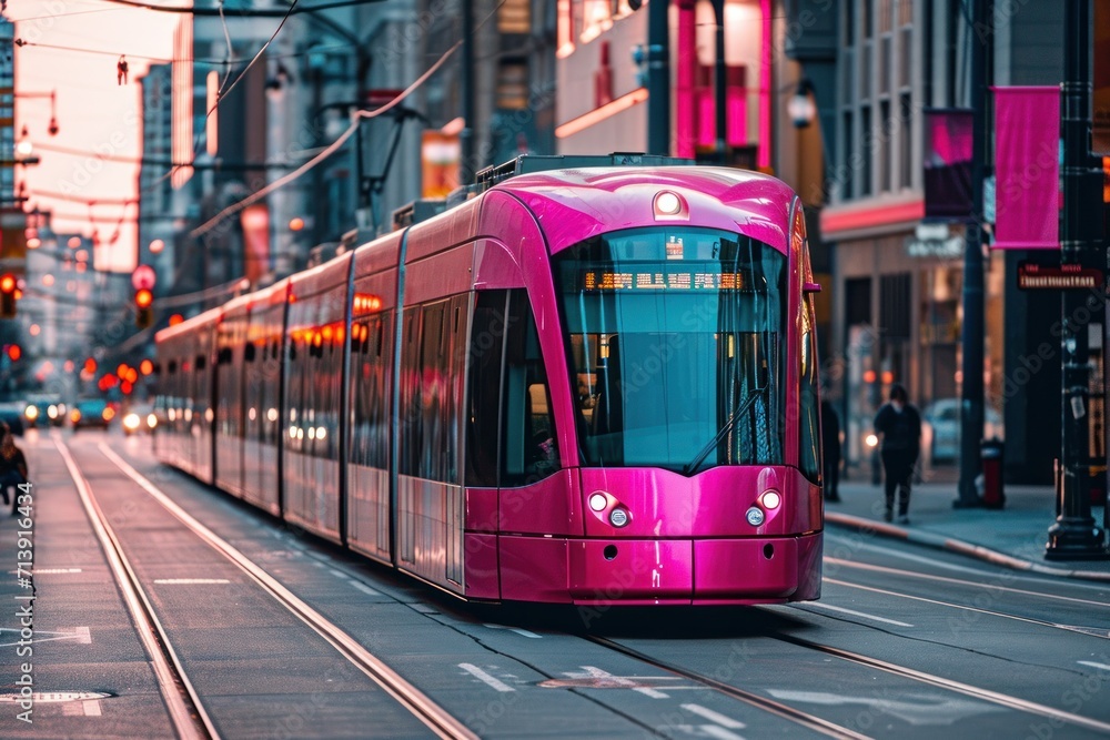Pink high-speed train and public transportation in the city Pink high-speed train and public transportation in the city