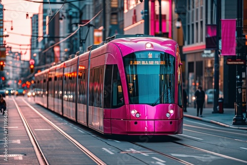 Pink high-speed train and public transportation in the city