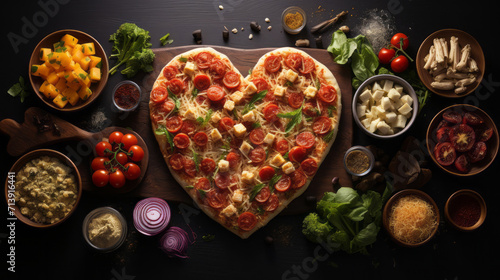 Appetizing heart shaped pizza. Traditional Italian food in form of heart