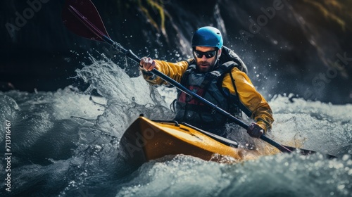 Adventure, white water kayaking challenge, extreme kayaking adventure Man in kayak sailing along mountain river © jureephorn