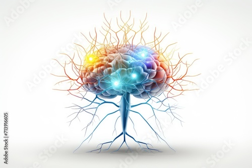 Neural Colorful Brain Nerve Cell Energy Connection, Brain Dots Pattern Neuronal Network, Vibrant Colored motley medical vector human mind energy lightning brain tree neurons communicating illustration