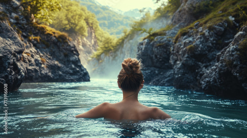 Woman swimming in a mountain river