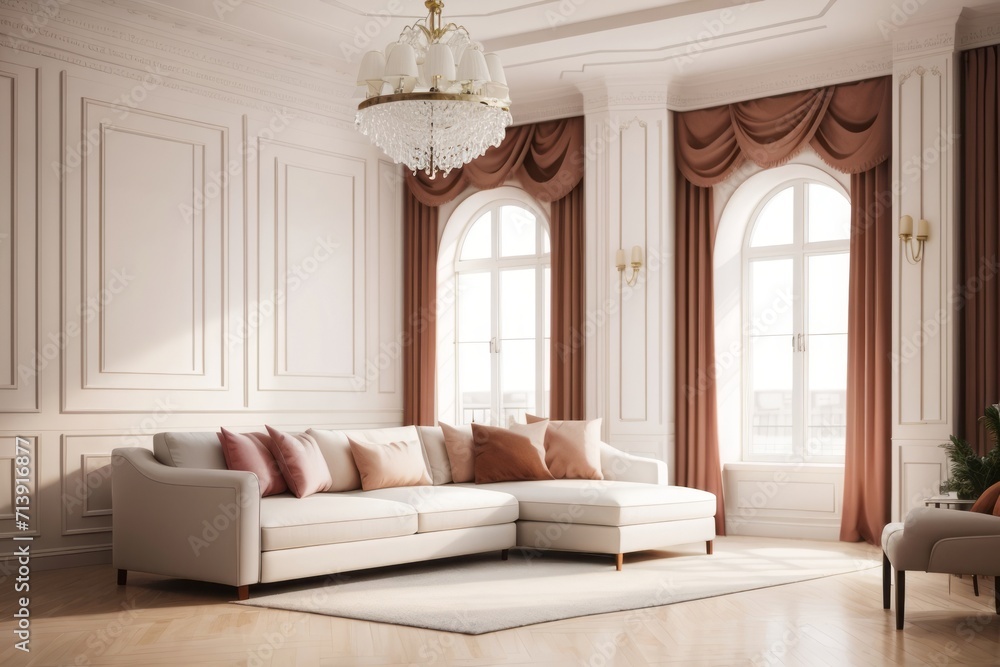 Fototapeta premium Interior home design of modern living room with beige sofa and windows in a classic space
