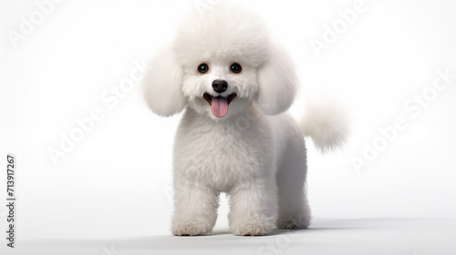 Cartoon white poodle puppy with smile face standing on white background 
