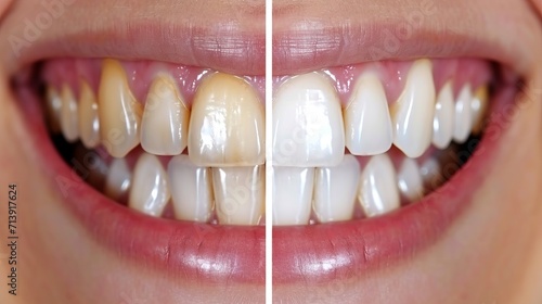 Close up radiant smile transformation before and after dental whitening evolution process