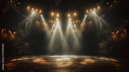 Empty concert stage with illuminated spotlights and smoke. Stage background , white spotlight and smoke © Nice Seven