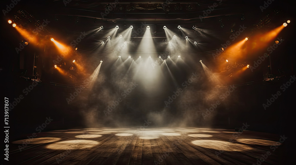 Empty concert stage with illuminated spotlights and smoke. Stage background , white spotlight and smoke - obrazy, fototapety, plakaty 