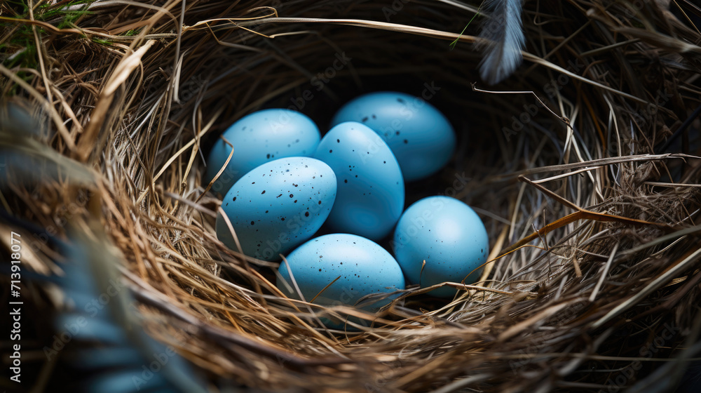 Blue bright raw chicken eggs in bird's straw nest. Greeting card for Happy Easter. Concept of preparing for religious holiday, healthy food, religion. Farm products in rustic kitchen