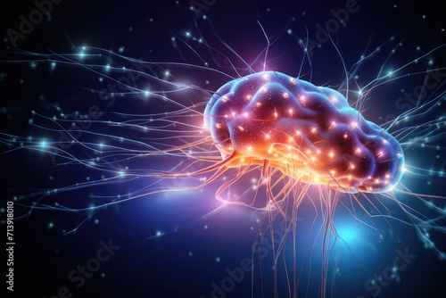 Neuronal network neurons, brain synapses connections to Peripheral Nervous System (PNS). Colorful fractal lightning brain light vivid neurons communicating via neurotransmitter in humans brain network