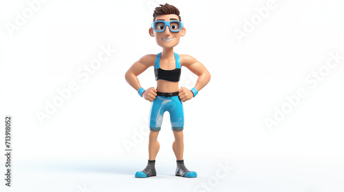3d cartoon cute disney Man wear swimsuit and goggle standing o white background 