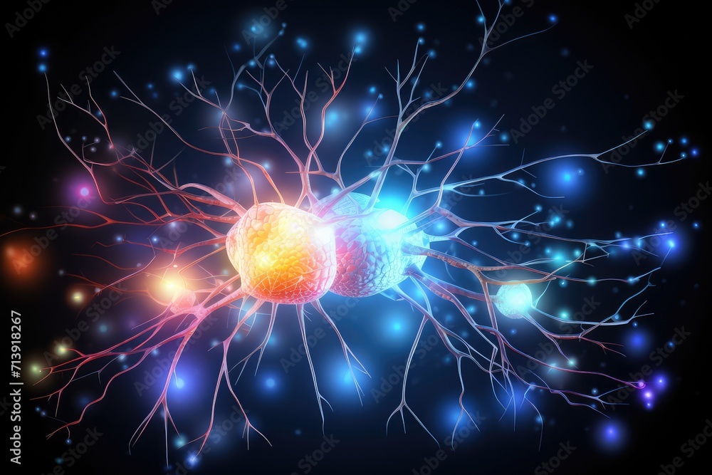 Fototapeta premium Neuronal network neurons, brain synapses connections to Peripheral Nervous System (PNS). Colorful fractal lightning brain light vivid neurons communicating via neurotransmitter in humans brain network