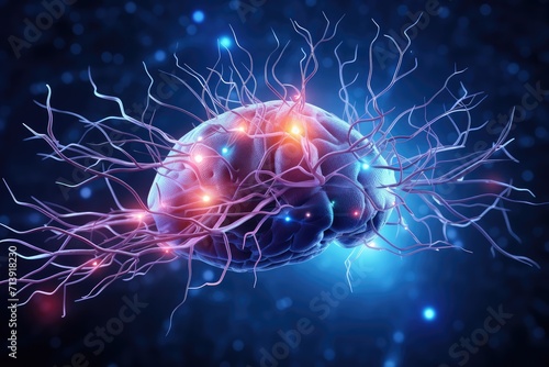 Neuronal network neurons  brain synapses connections to Peripheral Nervous System  PNS . Colorful fractal lightning brain light vivid neurons communicating via neurotransmitter in humans brain network