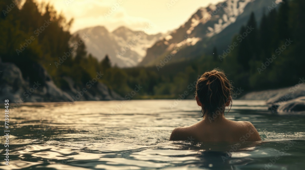 Fototapeta premium Woman swimming in a mountain river