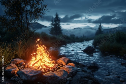 lively campfire situated at the edge of a flowing river
