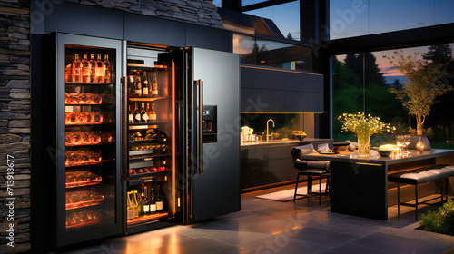 Experience the luxury of a well-stocked home bar in this modern kitchen. The illustration highlights a white interior with a collection of premium beverages.