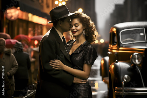 Noir Couple in Love in a Vintage Valentine's Day Setting, A Couple from the 1930s Embodies Love with Vintage Noir Style, Elegance, and Mysterious Fascination in Old Times