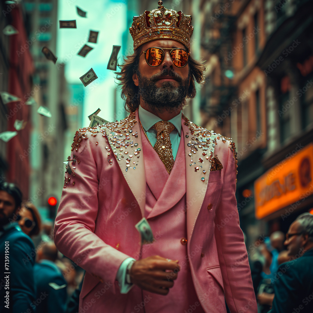 business man wearing an elegant pink suit and an ancient golden crown, walking in the street, money notes flying around, high contrast