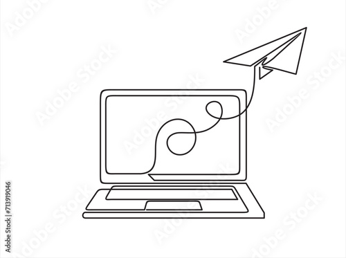 Laptop and paper plane, e mail list building illustration continuous one line art illustration. Can used for logo, emblem, slide show and banner.
