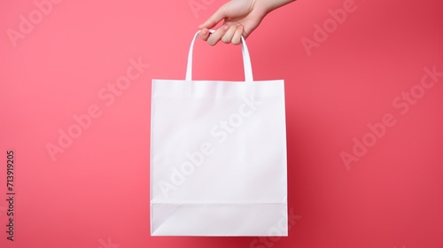Capture the simplicity and purity of a white paper bag in hand, colored background