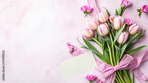 Mother's day card in pink colors, bouquet of flowers on blurred background with space for text