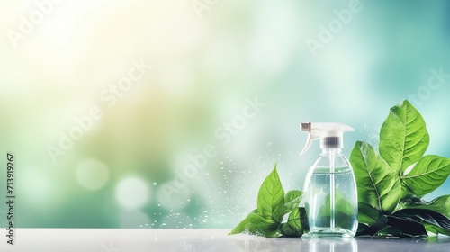 Capturing the essence of sustainability, showcase eco-friendly cleaning essentials - microfiber cloths, a spray bottle with water, against a colorful backdrop for a web banner with text space