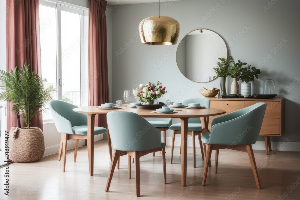 Interior home design of modern dining room with classic dining table and chairs