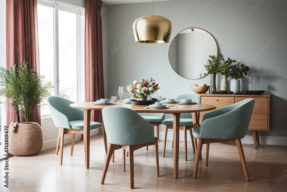 Fototapeta premium Interior home design of modern dining room with classic dining table and chairs