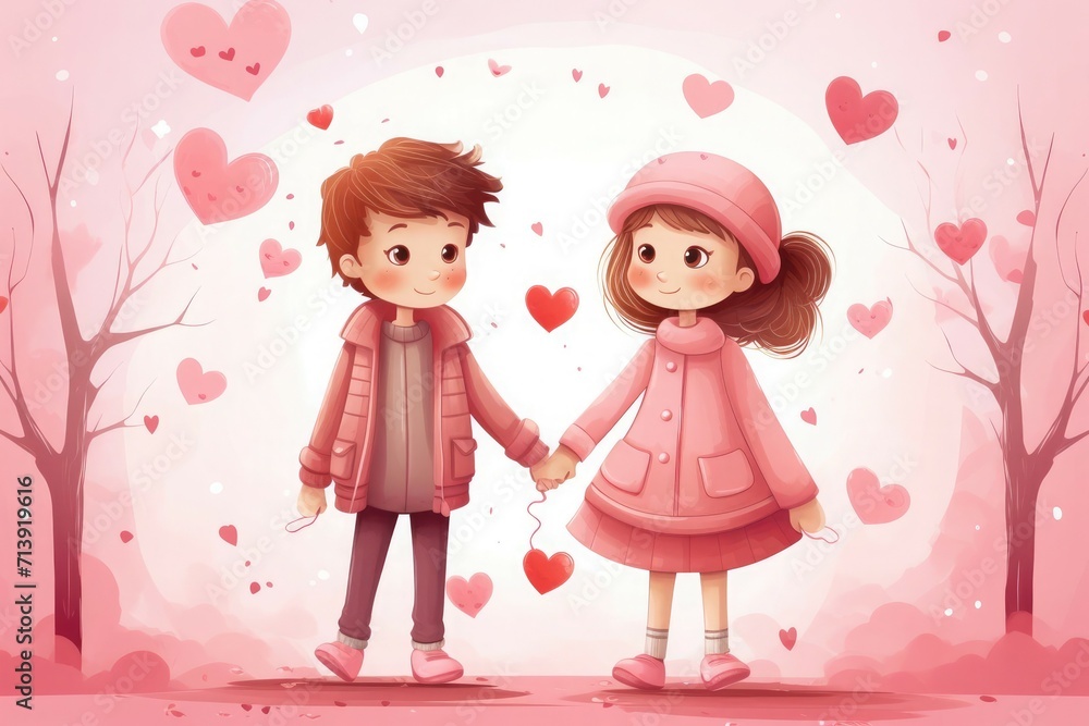 A charming illustration of a cute young couple, a boy and a girl, holding hands, valentine's day A charming illustration of a cute young couple, a boy and a girl, holding hands, valentine's day