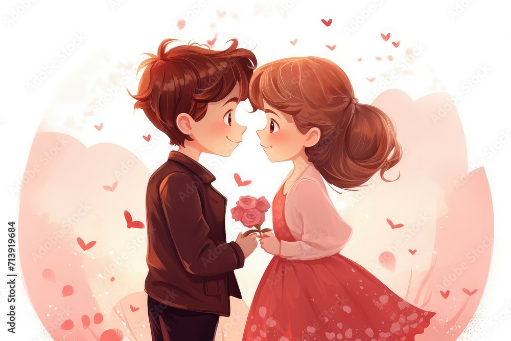 A charming illustration of a cute young couple, a boy and a girl, boy kisses girl on the cheek, valentine's day, vector A charming illustration of a cute young couple, a boy and a girl, boy kisses girl on the cheek, valentine's day, vector