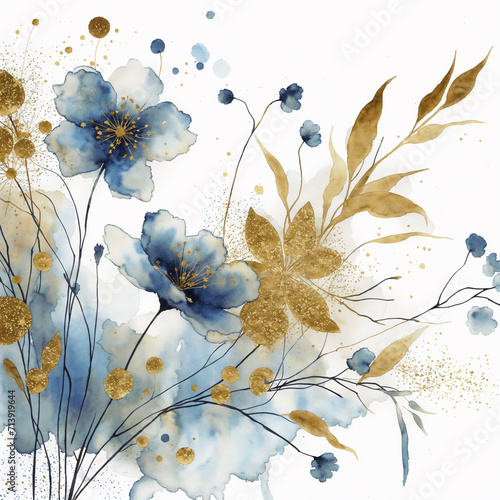 Watercolor illustration, a white and blue floral border with gold elements. Card, invitation, banner, wedding, Valentine's Day, greetings.