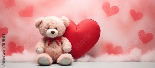 In the style of watercolor artist Katie Rodgers, depict a charming Valentine teddy bear holding a romantic red love heart against a whimsical colored background