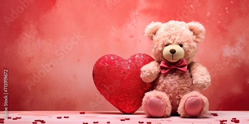 In the style of watercolor artist Katie Rodgers, depict a charming Valentine teddy bear holding a romantic red love heart against a whimsical colored background