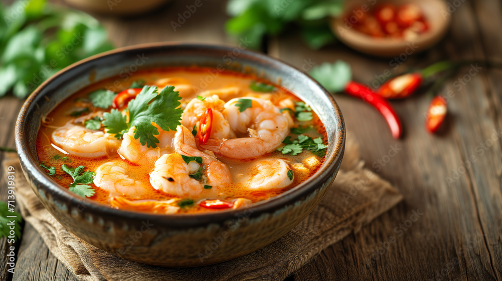 A bowl of Tom Yum Goong  steaming shrimp soup, a taste of Thailand. A flavorful bowl of Tom Yum soup, a culinary delight. A flavorful bowl of shrimp soup, a taste of the tropics. side view