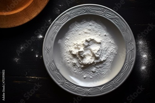 Flour-covered plate on dark surface. Generative AI