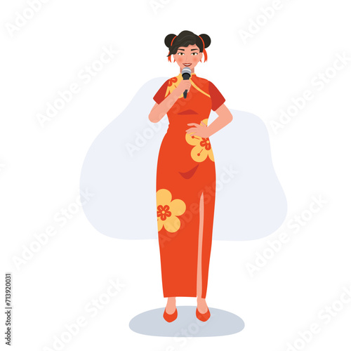 Joyful Asian Model in Red Dress with microphone. Cultural Elegance for Chinese New Year