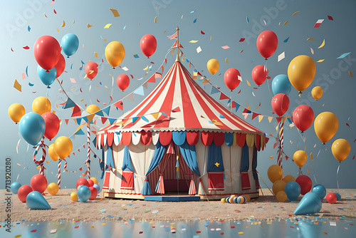 Circus tent with balloons and confetti designs, 3D rendering design