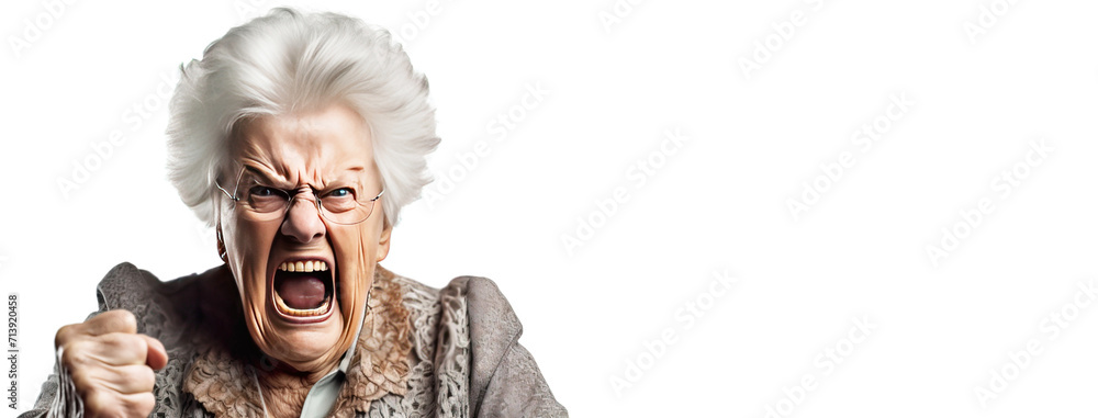 Elderly woman grandmother screams in angry anger, aggressively disappointed, white background isolate. - obrazy, fototapety, plakaty 