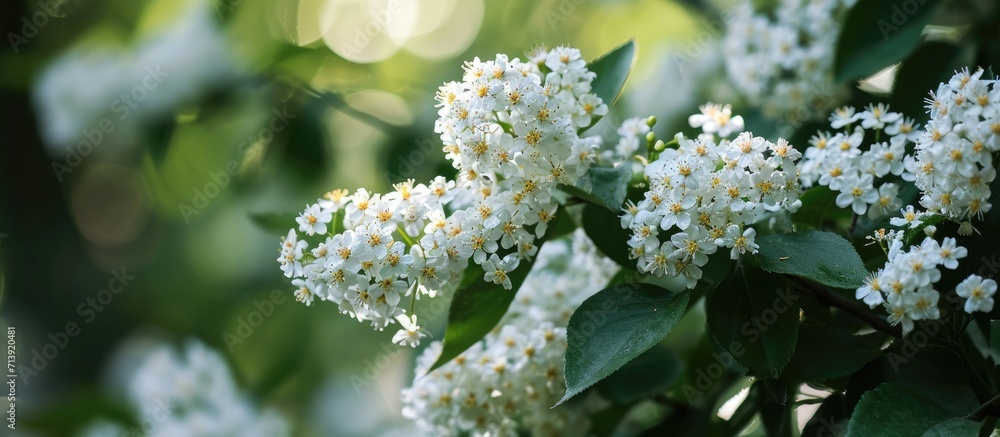 Flowering shrub Viburnum Plicatum Summer Snowflake. Creative Banner. Copyspace image Flowering shrub Viburnum Plicatum Summer Snowflake. Creative Banner. Copyspace image
