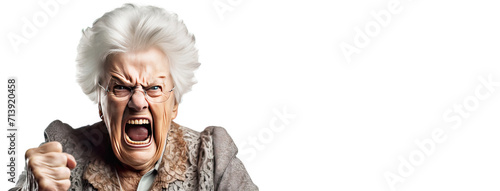 Elderly woman grandmother screams in angry anger, aggressively disappointed, white background isolate.