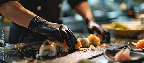 Close up of professional chef s hands in black gloves making sushi and rolls in a restaurant kitchen Japanese traditional food Preparation process. Creative Banner. Copyspace image photo