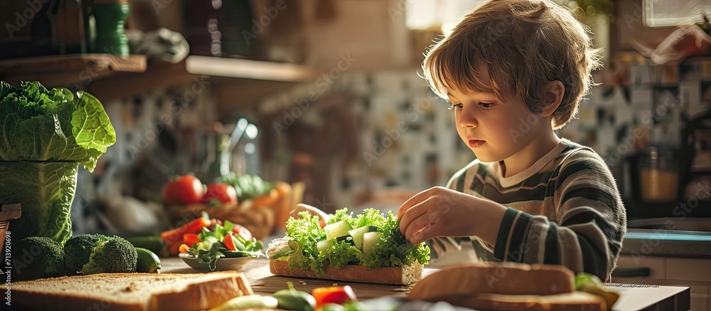 Cute little boy making vegetable sandwich with fresh ingredients he places lettuce on bread in kitchen at home. Creative Banner. Copyspace image - obrazy, fototapety, plakaty 