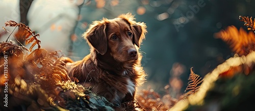 dog in forest on a log red Nova Scotia Duck Tolling Retriever in nature nature photo of pets. Creative Banner. Copyspace image