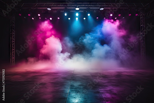 empty studio room with smoke float up the interior texture for display products. The dark stage shows, empty dark blue, purple, pink background, neon light, spotlights,