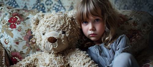 Cute child hanging out with his giant teddy bear. Creative Banner. Copyspace image