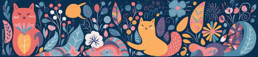 Cute spring pattern collection with cat. Decorative abstract horizontal banner with colorful doodles. Hand-drawn modern illustrations with cats, flowers, abstract elements. Abstract, Generative AI 