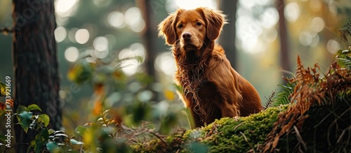 dog in forest on a log red Nova Scotia Duck Tolling Retriever in nature nature photo of pets. Creative Banner. Copyspace image