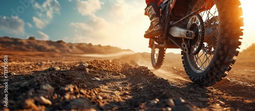 Bike speed and motion blur with a sports man on space in the forest for dirt biking Motorcycle fitness and power with a person driving fast on an off road course for freedom or performance