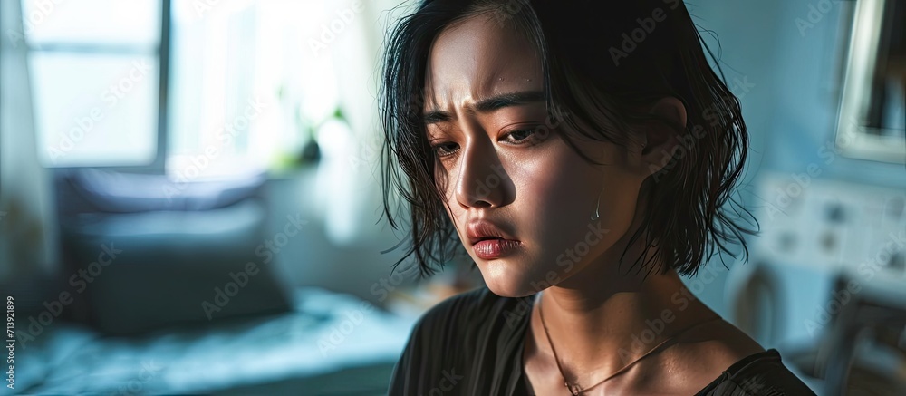 Close up young Asian woman feeling upset sad unhappy or depressed crying lonely in her room. Creative Banner. Copyspace image Close up young Asian woman feeling upset sad unhappy or depressed crying lonely in her room. Creative Banner. Copyspace image